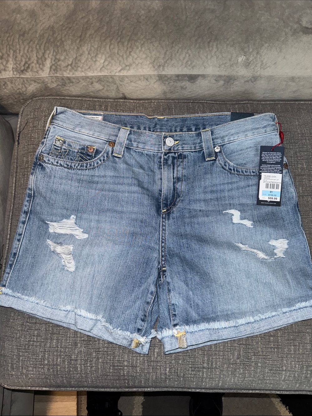 True Religion Light Blue Distressed Jean Shorts